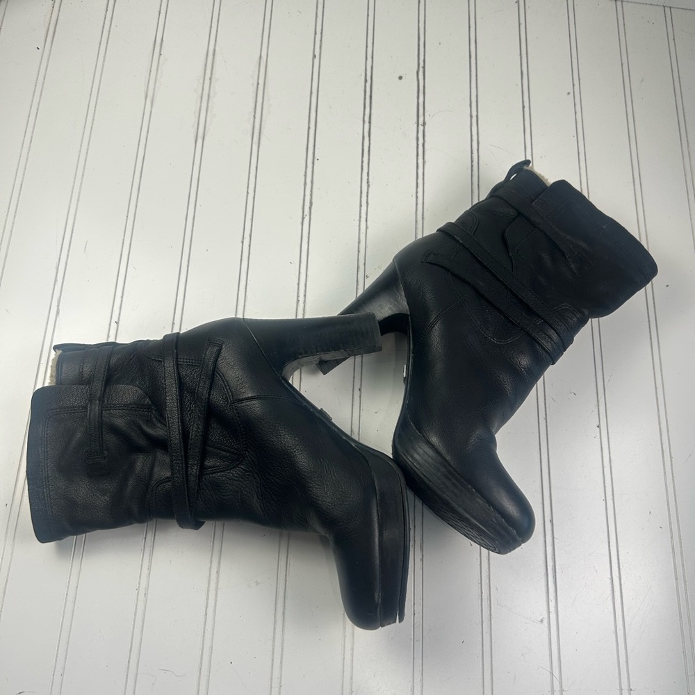UGG Black Olivia Leather Sheepskin High-Heel Platform Boots  Women’s Size 8 - Picture 11 of 12